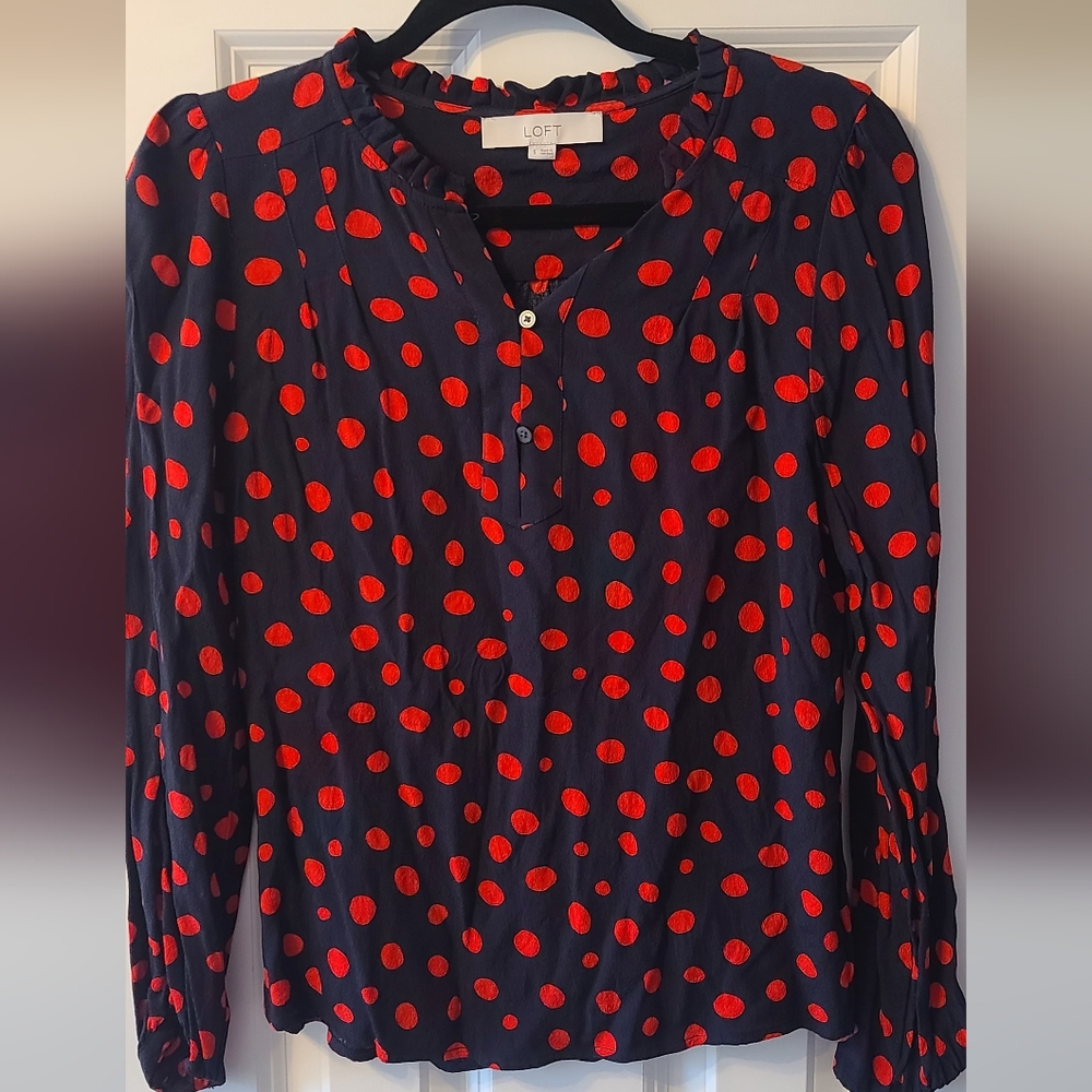 LOFT Navy and Red Polka Dot Blouse